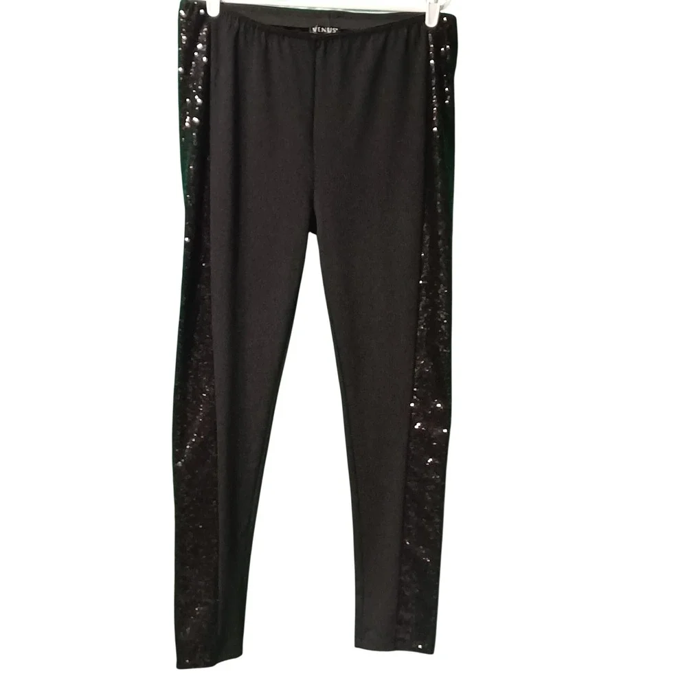 Venus Black Sequin Side Panel Leggings Womens Large Elastic Waist J81528 FA18